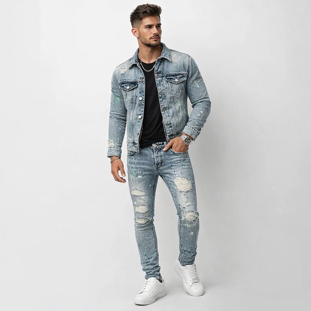 GFTD LA Paint Splatter Distressed Jeans Light Blue Streetwear NWT